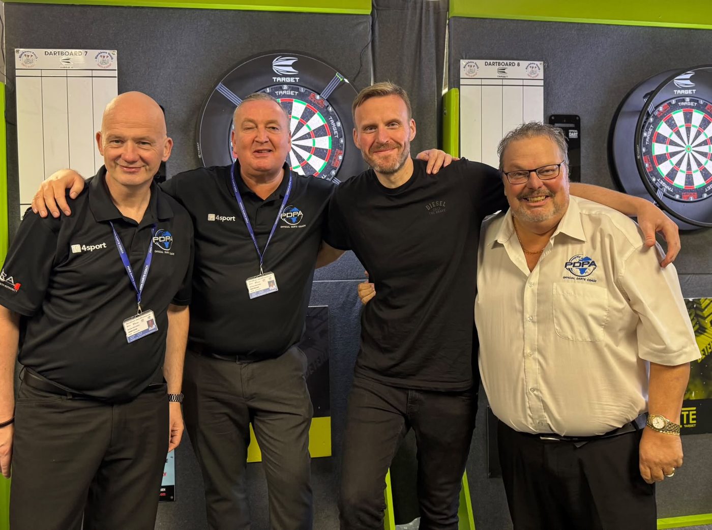 Mark Adams with Peter Manley, Glen Durrant and Jamie Caven at the PDPA coaching course in Blackburn